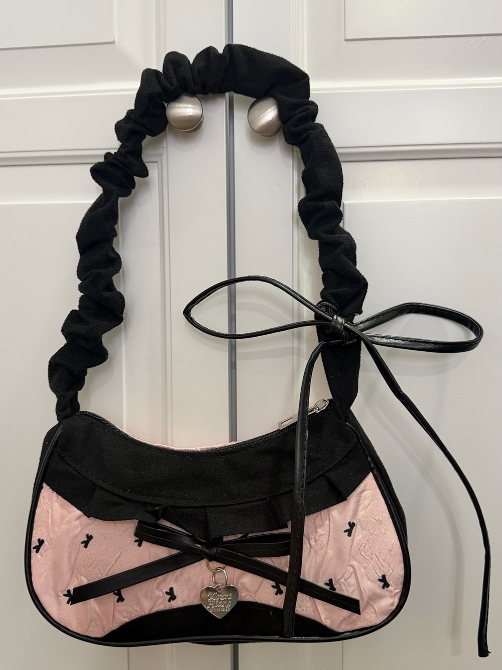 Black and Light Pink Bow-Accent Shoulder Bag with Heart Charm